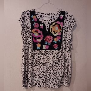 Savanna Jane Embroidered Boho Dress 3X  Floral Leopard Cottagecore Bohemian